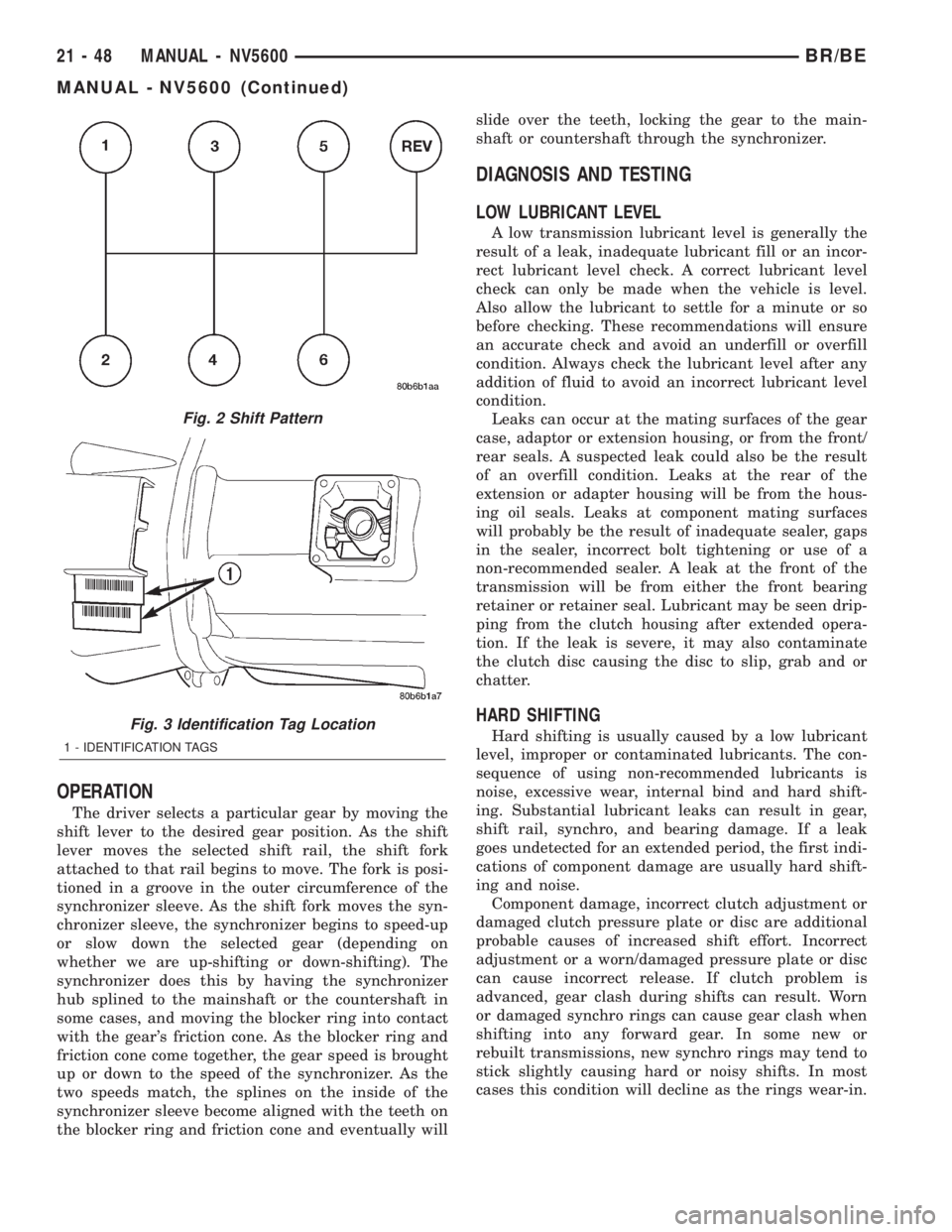 DODGE RAM 2002  Service Repair Manual OPERATION
The driver selects a particular gear by moving the
shift lever to the desired gear position. As the shift
lever moves the selected shift rail, the shift fork
attached to that rail begins to 