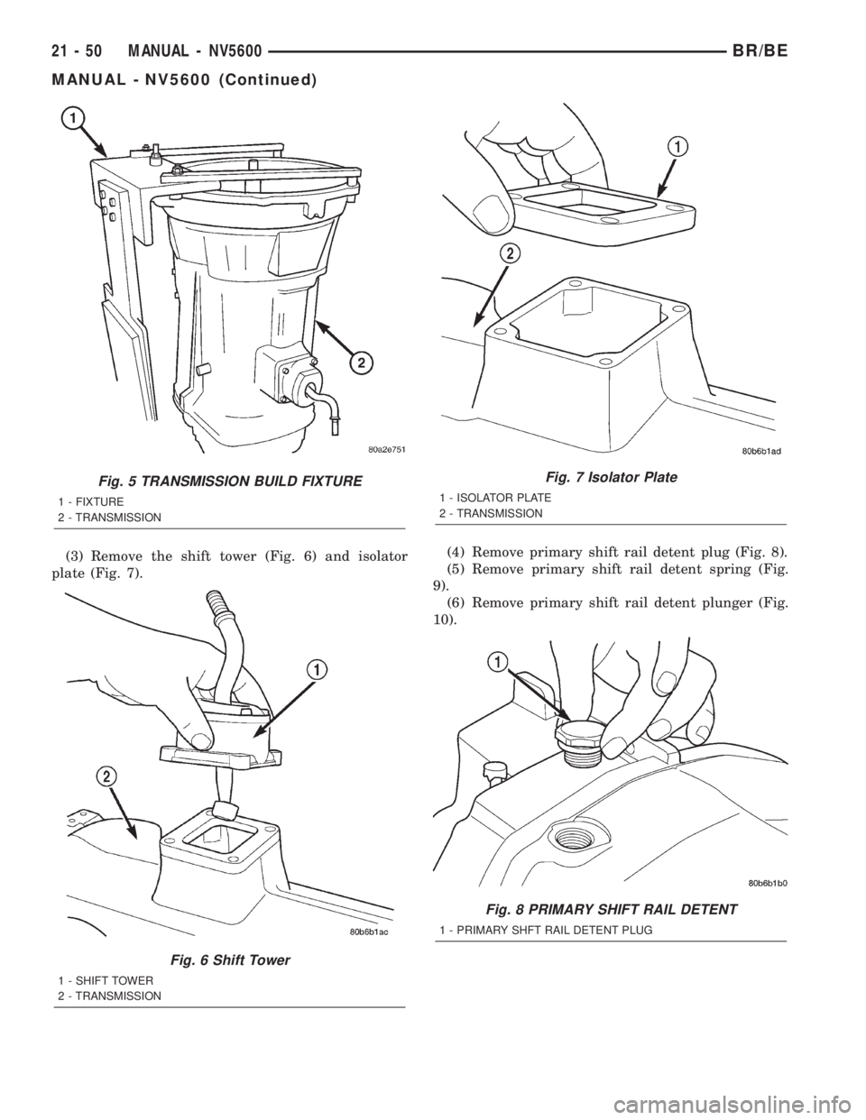 DODGE RAM 2002  Service Repair Manual (3) Remove the shift tower (Fig. 6) and isolator
plate (Fig. 7).(4) Remove primary shift rail detent plug (Fig. 8).
(5) Remove primary shift rail detent spring (Fig.
9).
(6) Remove primary shift rail 
