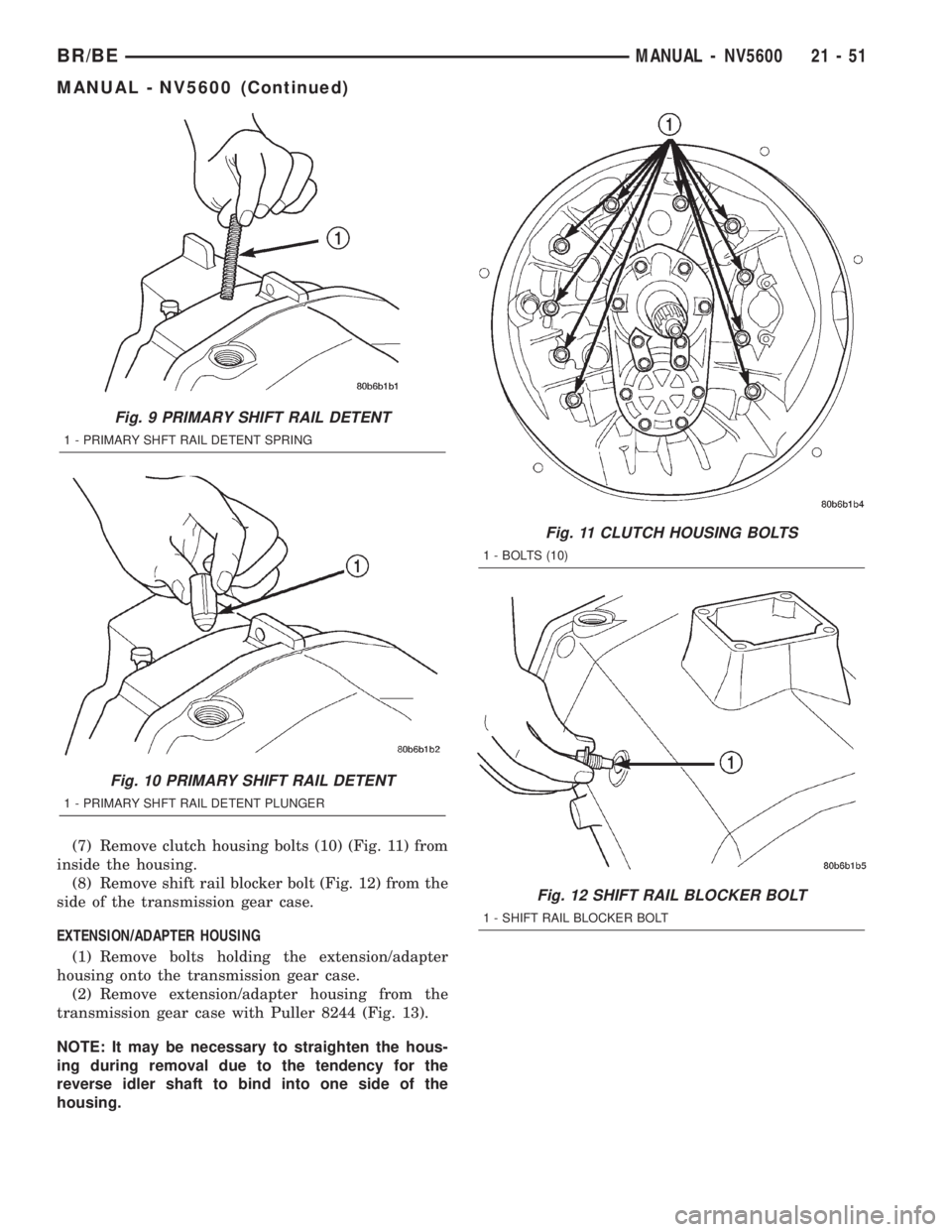 DODGE RAM 2002  Service Repair Manual (7) Remove clutch housing bolts (10) (Fig. 11) from
inside the housing.
(8) Remove shift rail blocker bolt (Fig. 12) from the
side of the transmission gear case.
EXTENSION/ADAPTER HOUSING
(1) Remove b