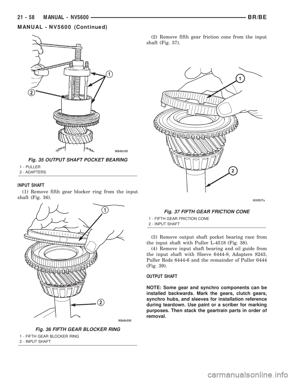 DODGE RAM 2002  Service Repair Manual INPUT SHAFT
(1) Remove fifth gear blocker ring from the input
shaft (Fig. 36).(2) Remove fifth gear friction cone from the input
shaft (Fig. 37).
(3) Remove output shaft pocket bearing race from
the i