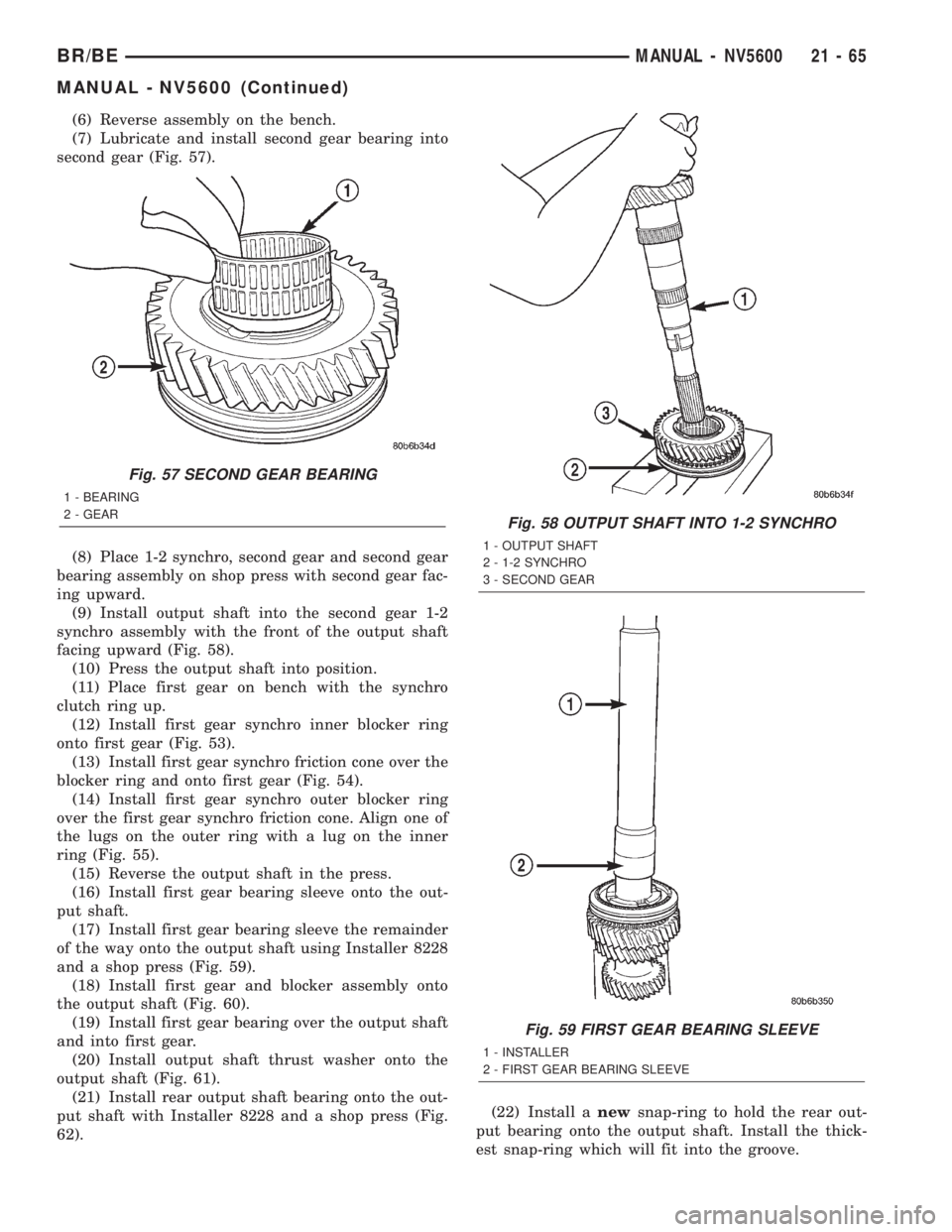 DODGE RAM 2002  Service Repair Manual (6) Reverse assembly on the bench.
(7) Lubricate and install second gear bearing into
second gear (Fig. 57).
(8) Place 1-2 synchro, second gear and second gear
bearing assembly on shop press with seco