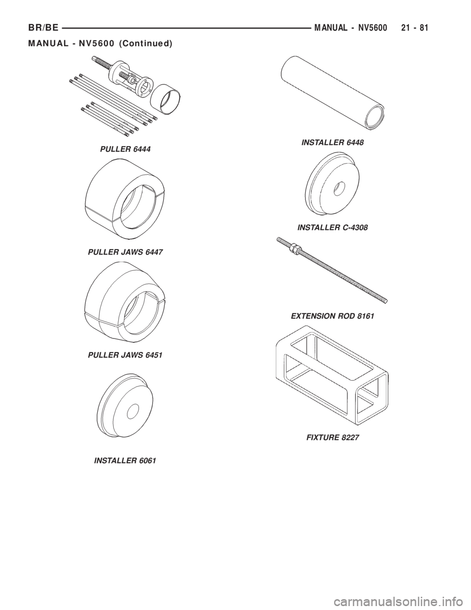 DODGE RAM 2002  Service Repair Manual PULLER 6444
PULLER JAWS 6447
PULLER JAWS 6451
INSTALLER 6061
INSTALLER 6448
INSTALLER C-4308
EXTENSION ROD 8161
FIXTURE 8227
BR/BEMANUAL - NV5600 21 - 81
MANUAL - NV5600 (Continued) 