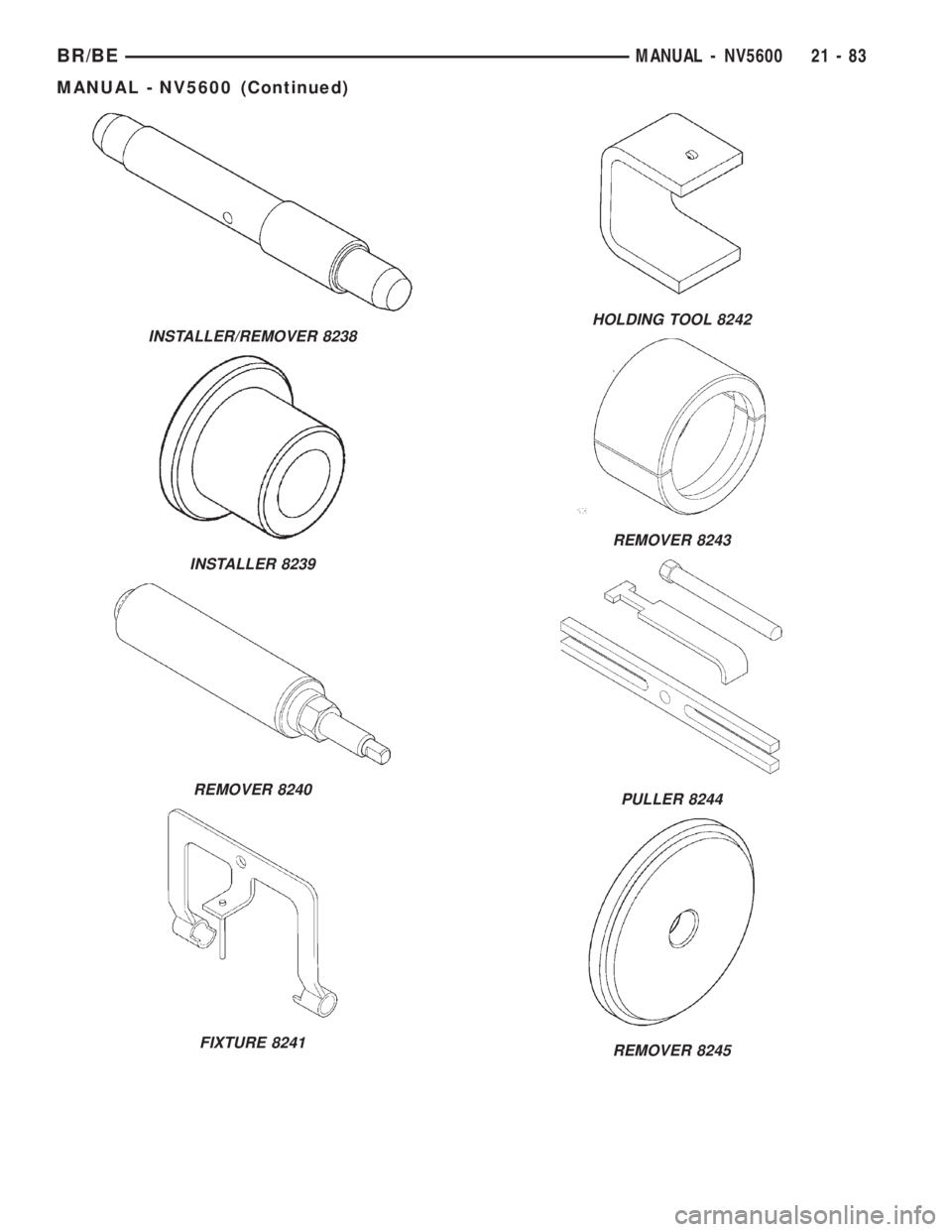 DODGE RAM 2002  Service Repair Manual INSTALLER/REMOVER 8238
INSTALLER 8239
REMOVER 8240
FIXTURE 8241
HOLDING TOOL 8242
REMOVER 8243
PULLER 8244
REMOVER 8245
BR/BEMANUAL - NV5600 21 - 83
MANUAL - NV5600 (Continued) 