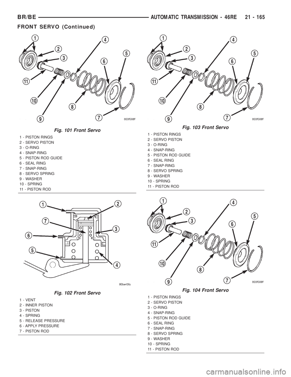 DODGE RAM 2002  Service Repair Manual Fig. 101 Front Servo
1 - PISTON RINGS
2 - SERVO PISTON
3 - O-RING
4 - SNAP-RING
5 - PISTON ROD GUIDE
6 - SEAL RING
7 - SNAP-RING
8 - SERVO SPRING
9 - WASHER
10 - SPRING
11 - PISTON ROD
Fig. 102 Front 