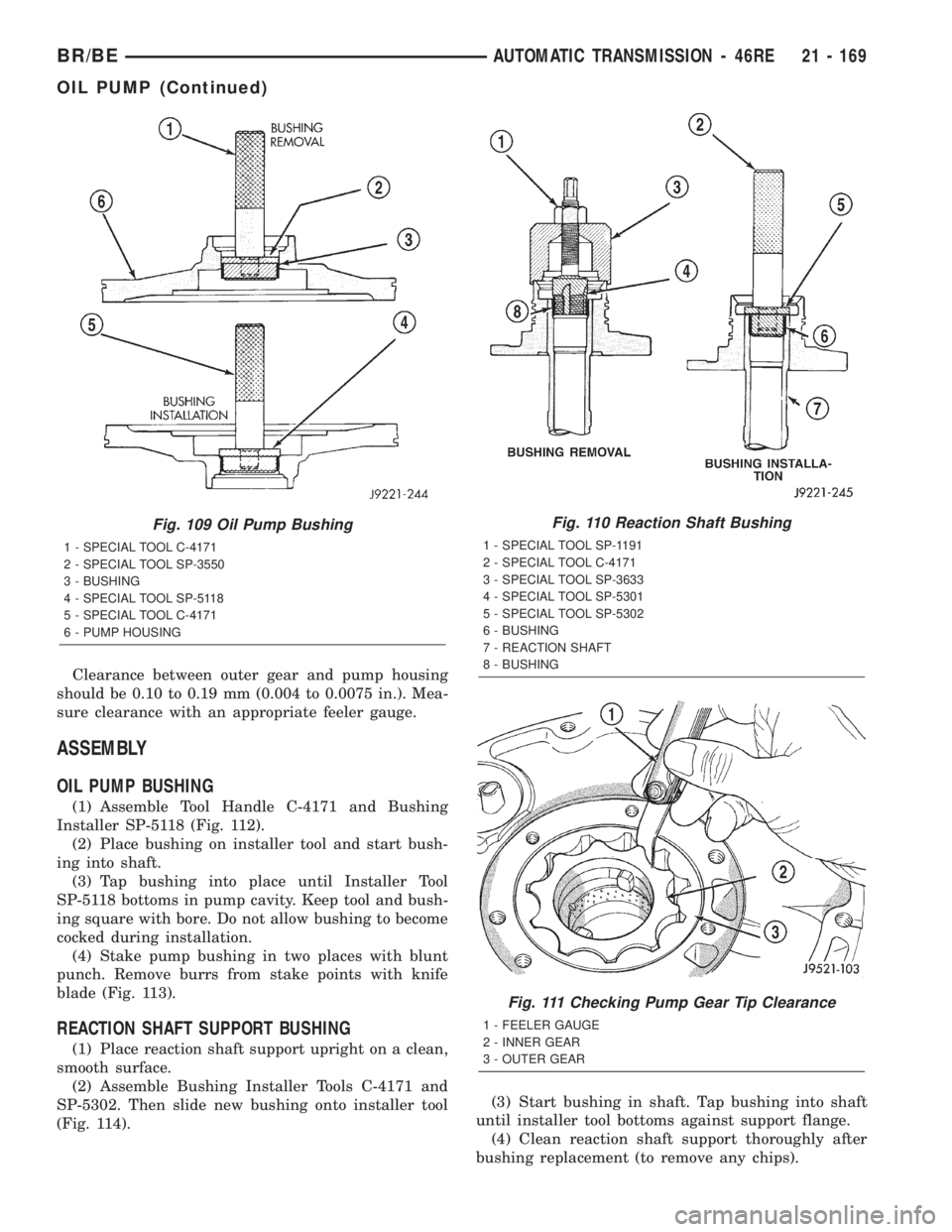 DODGE RAM 2002  Service Repair Manual Clearance between outer gear and pump housing
should be 0.10 to 0.19 mm (0.004 to 0.0075 in.). Mea-
sure clearance with an appropriate feeler gauge.
ASSEMBLY
OIL PUMP BUSHING
(1) Assemble Tool Handle 