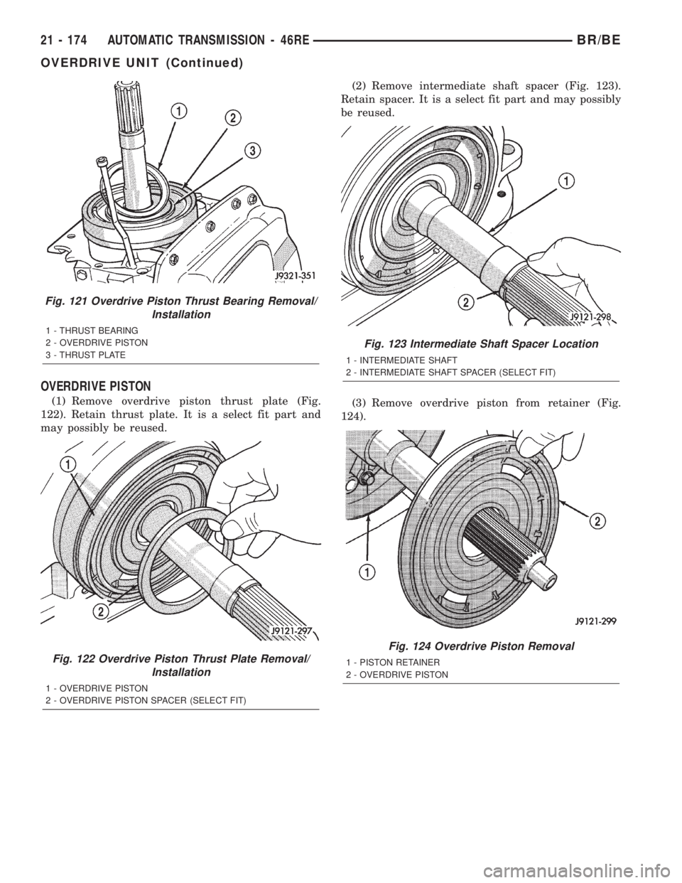 DODGE RAM 2002  Service Repair Manual OVERDRIVE PISTON
(1) Remove overdrive piston thrust plate (Fig.
122). Retain thrust plate. It is a select fit part and
may possibly be reused.(2) Remove intermediate shaft spacer (Fig. 123).
Retain sp