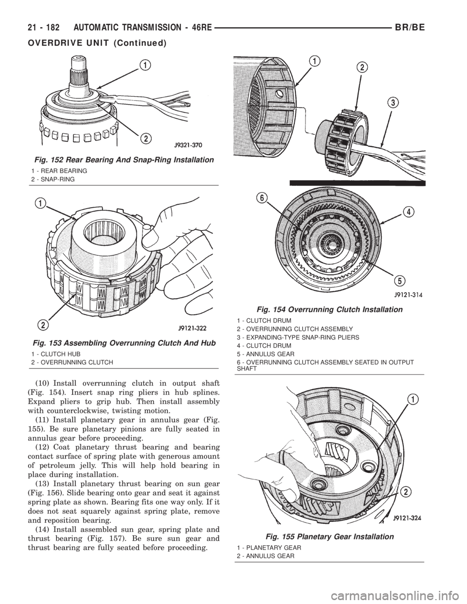 DODGE RAM 2002  Service Repair Manual (10) Install overrunning clutch in output shaft
(Fig. 154). Insert snap ring pliers in hub splines.
Expand pliers to grip hub. Then install assembly
with counterclockwise, twisting motion.
(11) Instal
