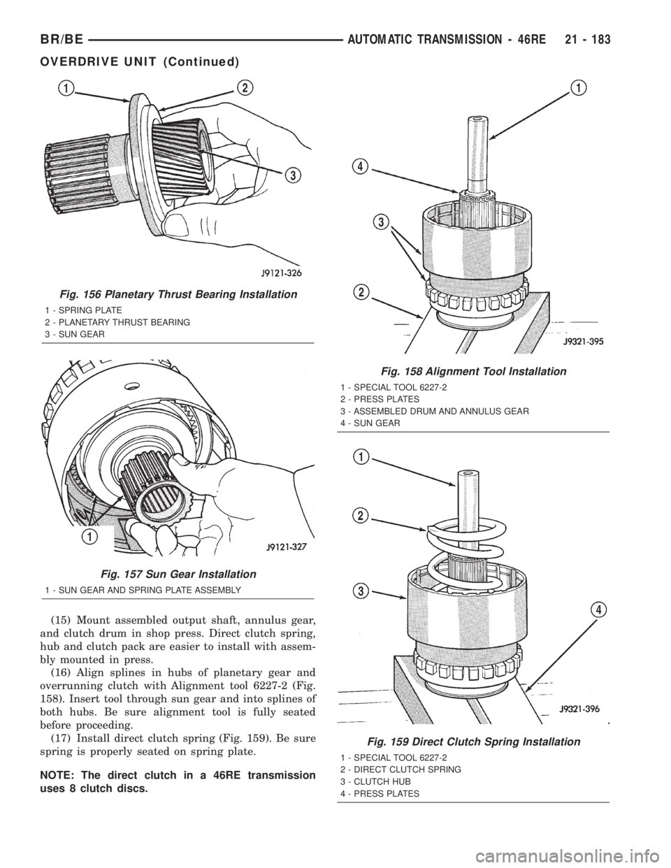 DODGE RAM 2002  Service Repair Manual (15) Mount assembled output shaft, annulus gear,
and clutch drum in shop press. Direct clutch spring,
hub and clutch pack are easier to install with assem-
bly mounted in press.
(16) Align splines in 