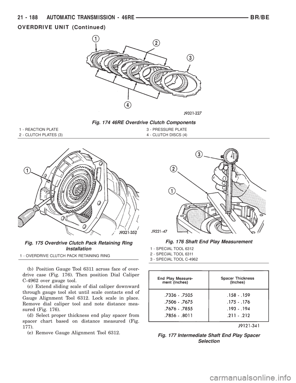 DODGE RAM 2002  Service Repair Manual (b) Position Gauge Tool 6311 across face of over-
drive case (Fig. 176). Then position Dial Caliper
C-4962 over gauge tool.
(c) Extend sliding scale of dial caliper downward
through gauge tool slot un