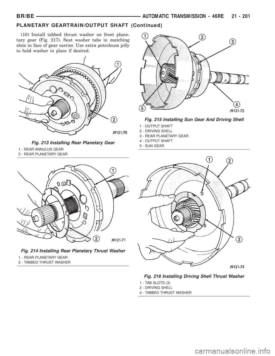 DODGE RAM 2002  Service Repair Manual (10) Install tabbed thrust washer on front plane-
tary gear (Fig. 217). Seat washer tabs in matching
slots in face of gear carrier. Use extra petroleum jelly
to hold washer in place if desired.
Fig. 2