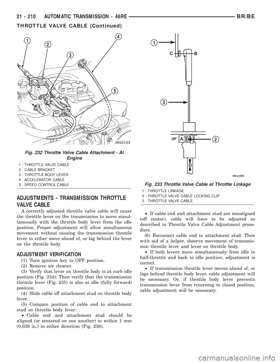 DODGE RAM 2002 Service Repair Manual ADJUSTMENTS - TRANSMISSION THROTTLE
VALVE CABLE
A correctly adjusted throttle valve cable will cause
the throttle lever on the transmission to move simul-
taneously with the throttle body lever from t DODGE RAM 2002 Service Repair Manual ADJUSTMENTS - TRANSMISSION THROTTLE
VALVE CABLE
A correctly adjusted throttle valve cable will cause
the throttle lever on the transmission to move simul-
taneously with the throttle body lever from t