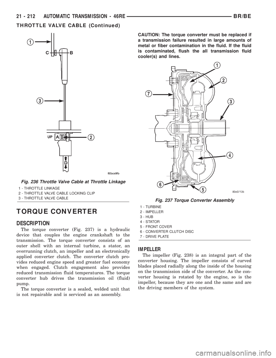 DODGE RAM 2002  Service Repair Manual TORQUE CONVERTER
DESCRIPTION
The torque converter (Fig. 237) is a hydraulic
device that couples the engine crankshaft to the
transmission. The torque converter consists of an
outer shell with an inter