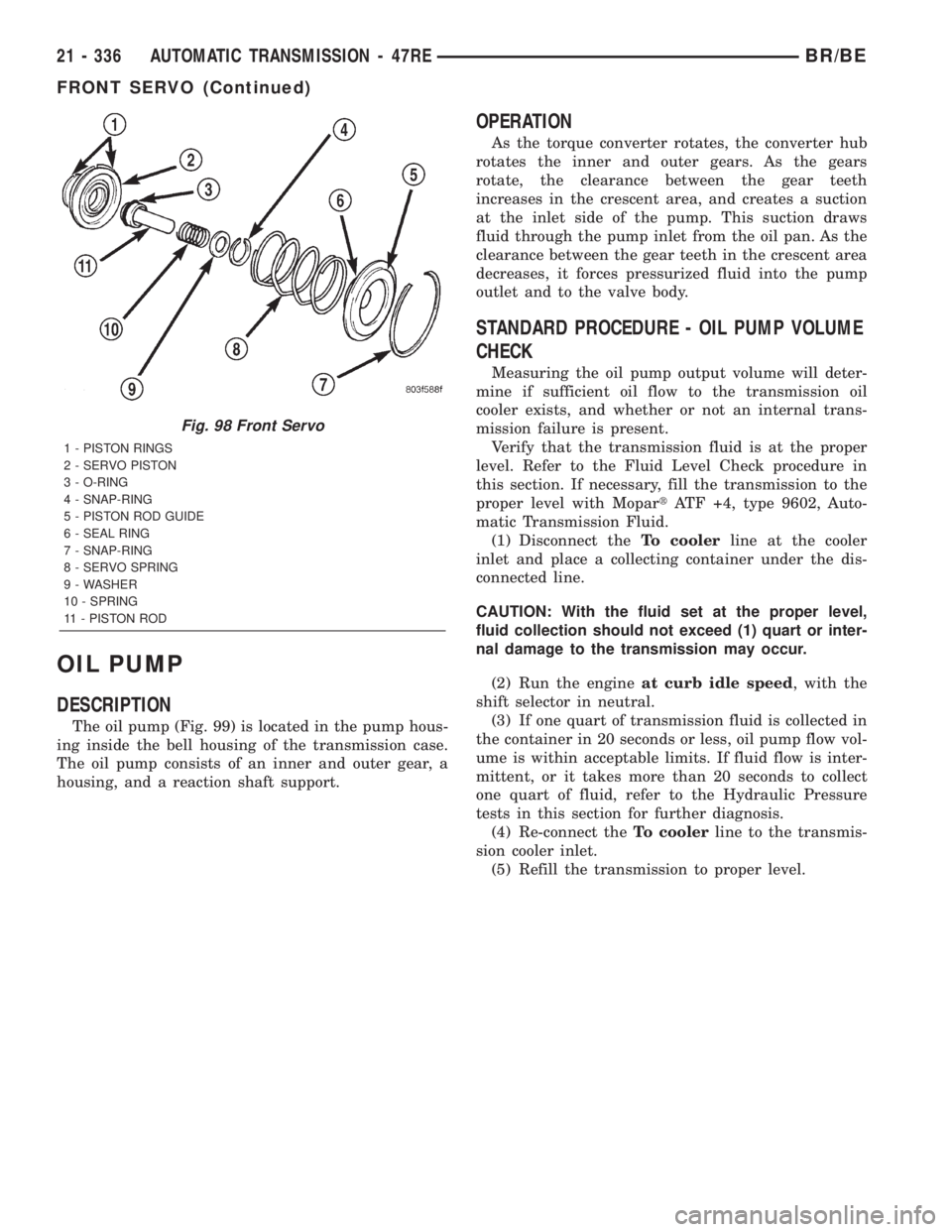 DODGE RAM 2002  Service Repair Manual OIL PUMP
DESCRIPTION
The oil pump (Fig. 99) is located in the pump hous-
ing inside the bell housing of the transmission case.
The oil pump consists of an inner and outer gear, a
housing, and a reacti