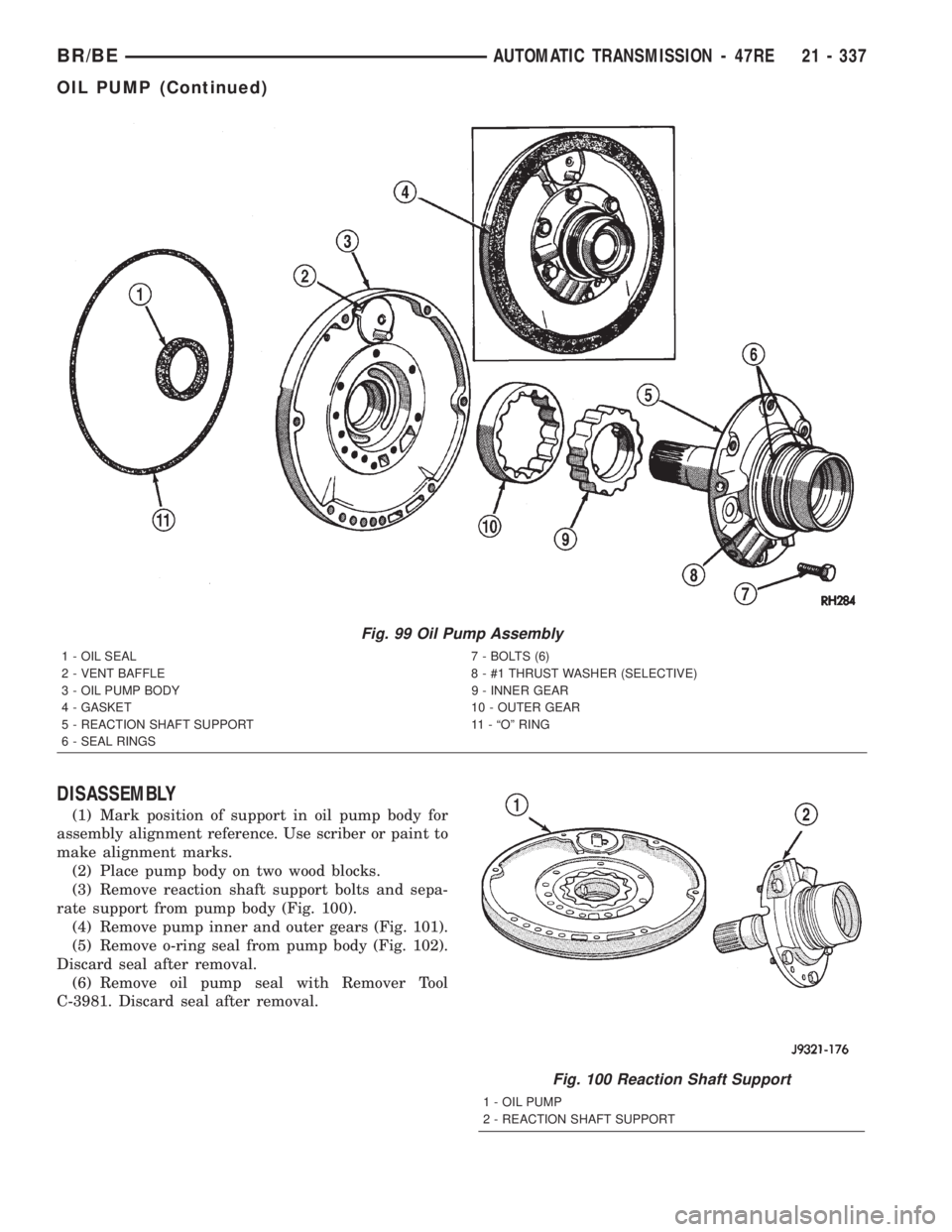 DODGE RAM 2002  Service Repair Manual DISASSEMBLY
(1) Mark position of support in oil pump body for
assembly alignment reference. Use scriber or paint to
make alignment marks.
(2) Place pump body on two wood blocks.
(3) Remove reaction sh
