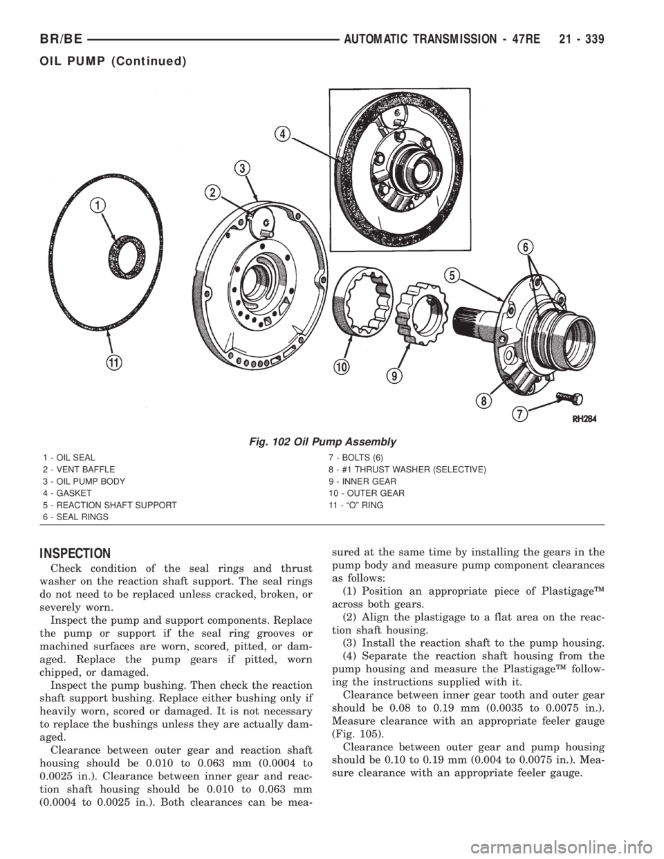 DODGE RAM 2002  Service Repair Manual INSPECTION
Check condition of the seal rings and thrust
washer on the reaction shaft support. The seal rings
do not need to be replaced unless cracked, broken, or
severely worn.
Inspect the pump and s