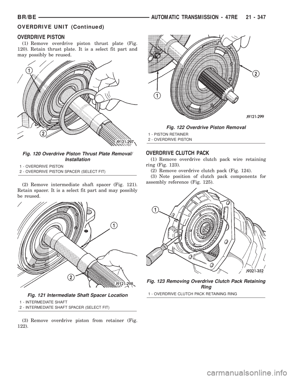 DODGE RAM 2002  Service Repair Manual OVERDRIVE PISTON
(1) Remove overdrive piston thrust plate (Fig.
120). Retain thrust plate. It is a select fit part and
may possibly be reused.
(2) Remove intermediate shaft spacer (Fig. 121).
Retain s
