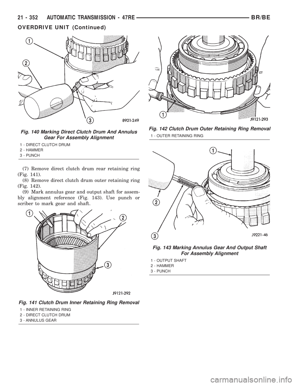 DODGE RAM 2002  Service Repair Manual (7) Remove direct clutch drum rear retaining ring
(Fig. 141).
(8) Remove direct clutch drum outer retaining ring
(Fig. 142).
(9) Mark annulus gear and output shaft for assem-
bly alignment reference (