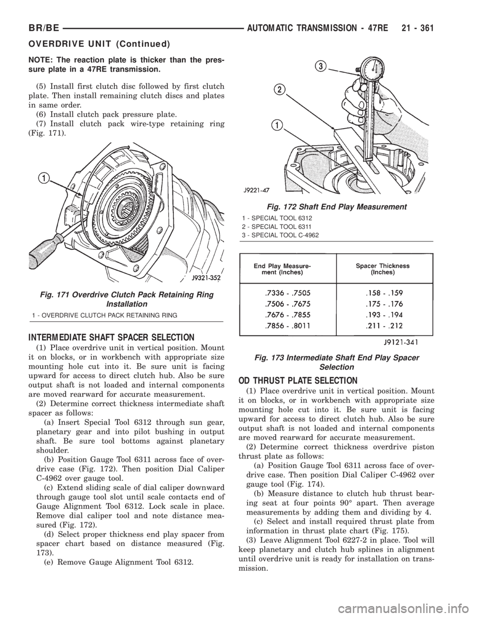 DODGE RAM 2002  Service Repair Manual NOTE: The reaction plate is thicker than the pres-
sure plate in a 47RE transmission.
(5) Install first clutch disc followed by first clutch
plate. Then install remaining clutch discs and plates
in sa