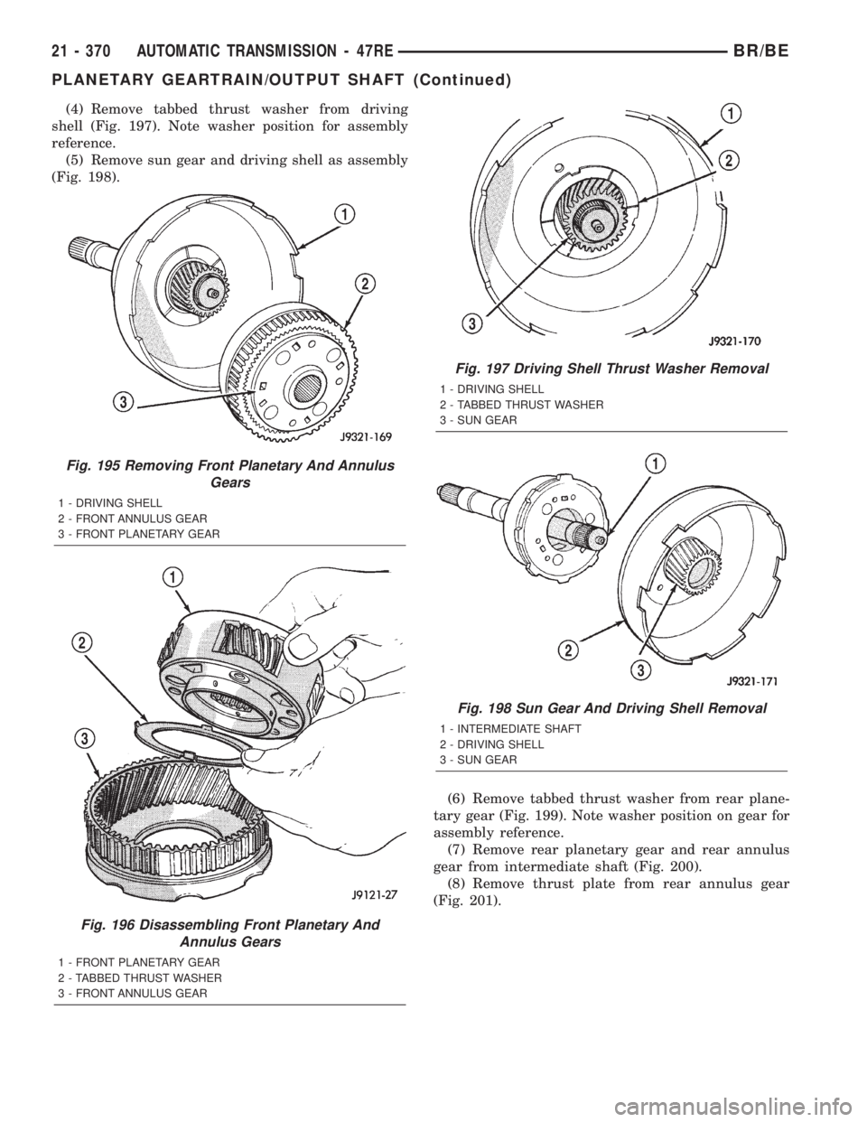 DODGE RAM 2002  Service Repair Manual (4) Remove tabbed thrust washer from driving
shell (Fig. 197). Note washer position for assembly
reference.
(5) Remove sun gear and driving shell as assembly
(Fig. 198).
(6) Remove tabbed thrust washe