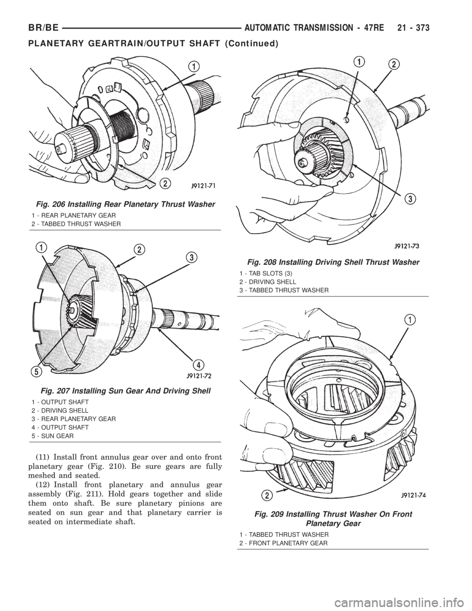 DODGE RAM 2002  Service Repair Manual (11) Install front annulus gear over and onto front
planetary gear (Fig. 210). Be sure gears are fully
meshed and seated.
(12) Install front planetary and annulus gear
assembly (Fig. 211). Hold gears 