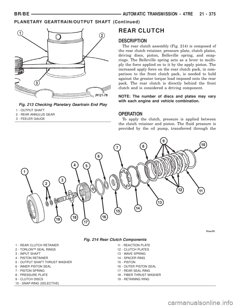 DODGE RAM 2002  Service Repair Manual REAR CLUTCH
DESCRIPTION
The rear clutch assembly (Fig. 214) is composed of
the rear clutch retainer, pressure plate, clutch plates,
driving discs, piston, Belleville spring, and snap-
rings. The Belle