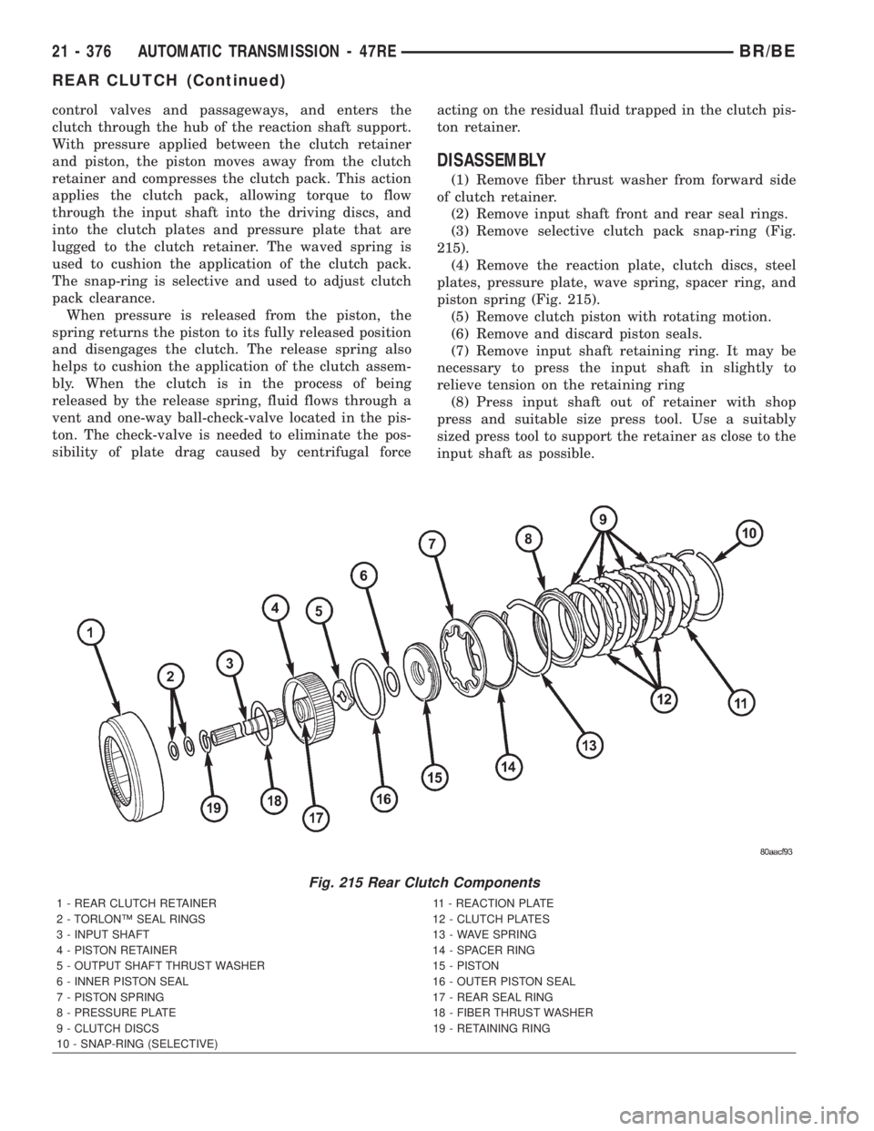 DODGE RAM 2002  Service Repair Manual control valves and passageways, and enters the
clutch through the hub of the reaction shaft support.
With pressure applied between the clutch retainer
and piston, the piston moves away from the clutch
