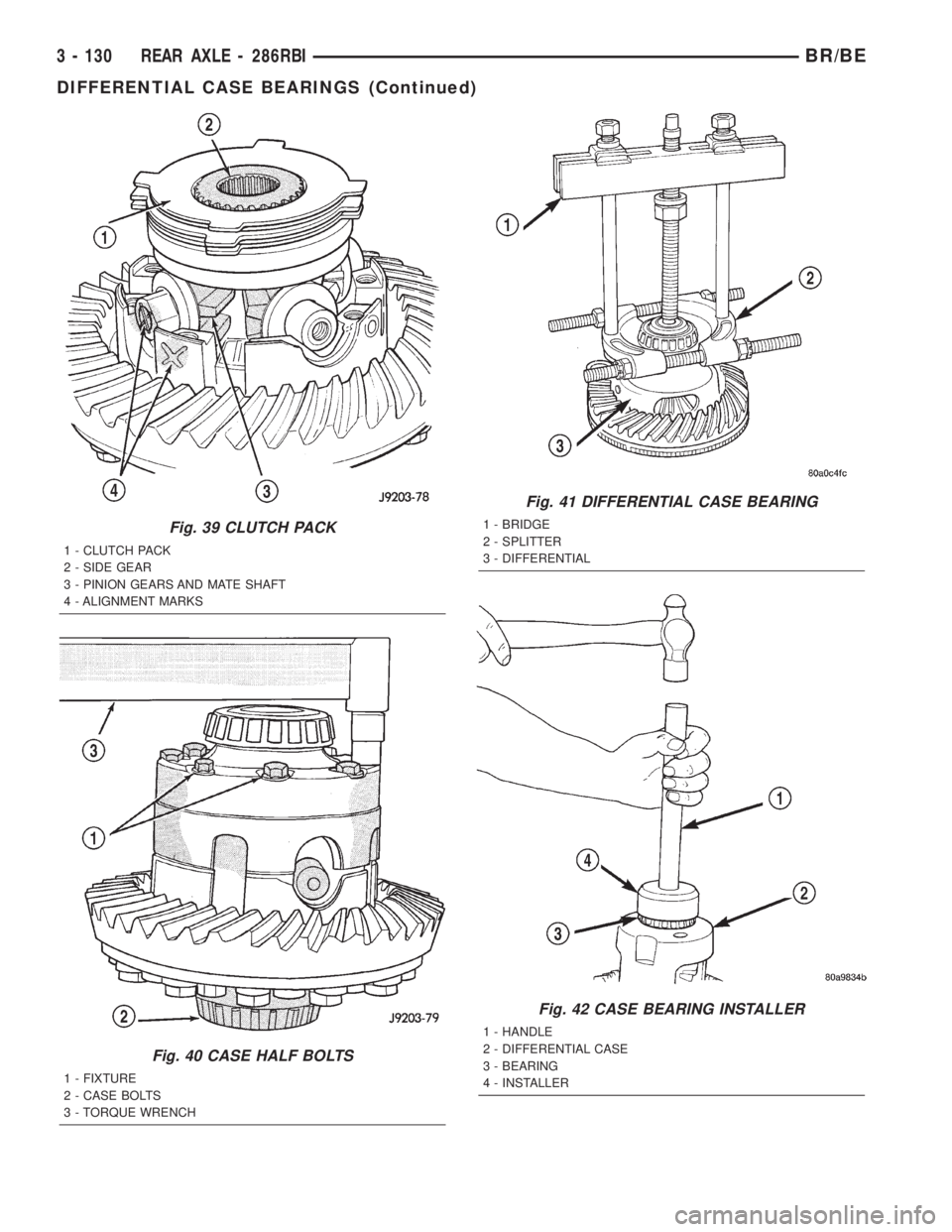 DODGE RAM 2002  Service Repair Manual Fig. 39 CLUTCH PACK
1 - CLUTCH PACK
2 - SIDE GEAR
3 - PINION GEARS AND MATE SHAFT
4 - ALIGNMENT MARKS
Fig. 40 CASE HALF BOLTS
1 - FIXTURE
2 - CASE BOLTS
3 - TORQUE WRENCH
Fig. 41 DIFFERENTIAL CASE BEA