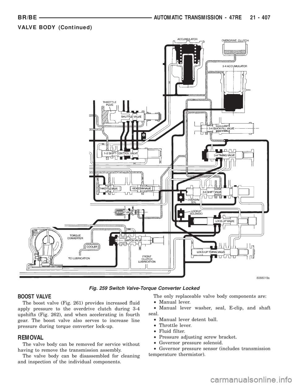 DODGE RAM 2002  Service Repair Manual BOOST VALVE
The boost valve (Fig. 261) provides increased fluid
apply pressure to the overdrive clutch during 3-4
upshifts (Fig. 262), and when accelerating in fourth
gear. The boost valve also serves