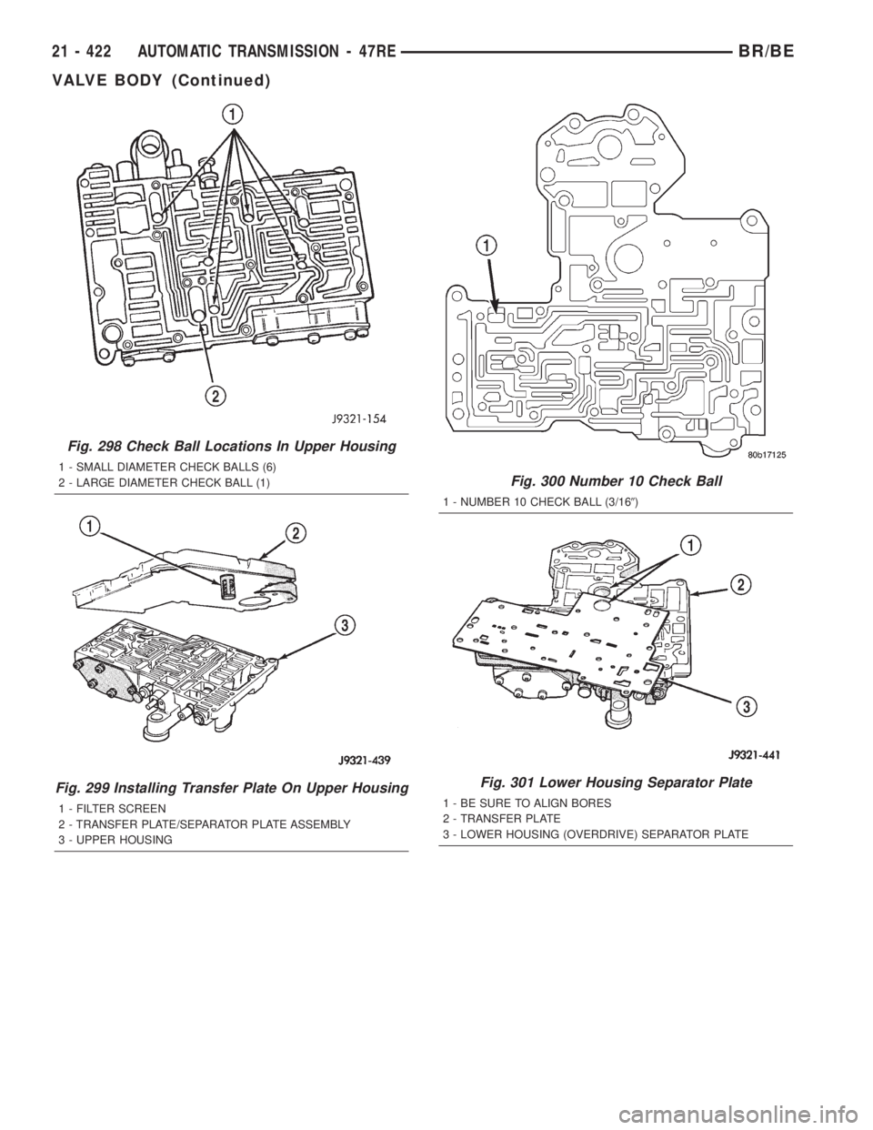 DODGE RAM 2002  Service Repair Manual Fig. 298 Check Ball Locations In Upper Housing
1 - SMALL DIAMETER CHECK BALLS (6)
2 - LARGE DIAMETER CHECK BALL (1)
Fig. 299 Installing Transfer Plate On Upper Housing
1 - FILTER SCREEN
2 - TRANSFER P