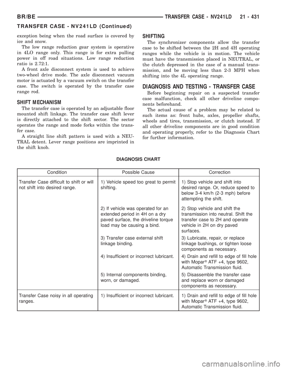 DODGE RAM 2002  Service Repair Manual exception being when the road surface is covered by
ice and snow.
The low range reduction gear system is operative
in 4LO range only. This range is for extra pulling
power in off road situations. Low 