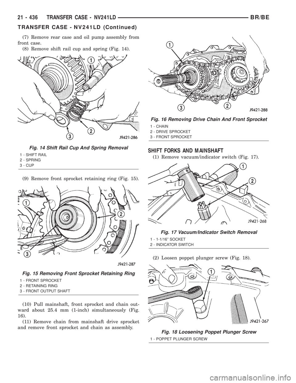 DODGE RAM 2002  Service Repair Manual (7) Remove rear case and oil pump assembly from
front case.
(8) Remove shift rail cup and spring (Fig. 14).
(9) Remove front sprocket retaining ring (Fig. 15).
(10) Pull mainshaft, front sprocket and 