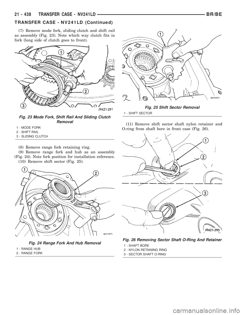 DODGE RAM 2002  Service Repair Manual (7) Remove mode fork, sliding clutch and shift rail
as assembly (Fig. 23). Note which way clutch fits in
fork (long side of clutch goes to front).
(8) Remove range fork retaining ring.
(9) Remove rang