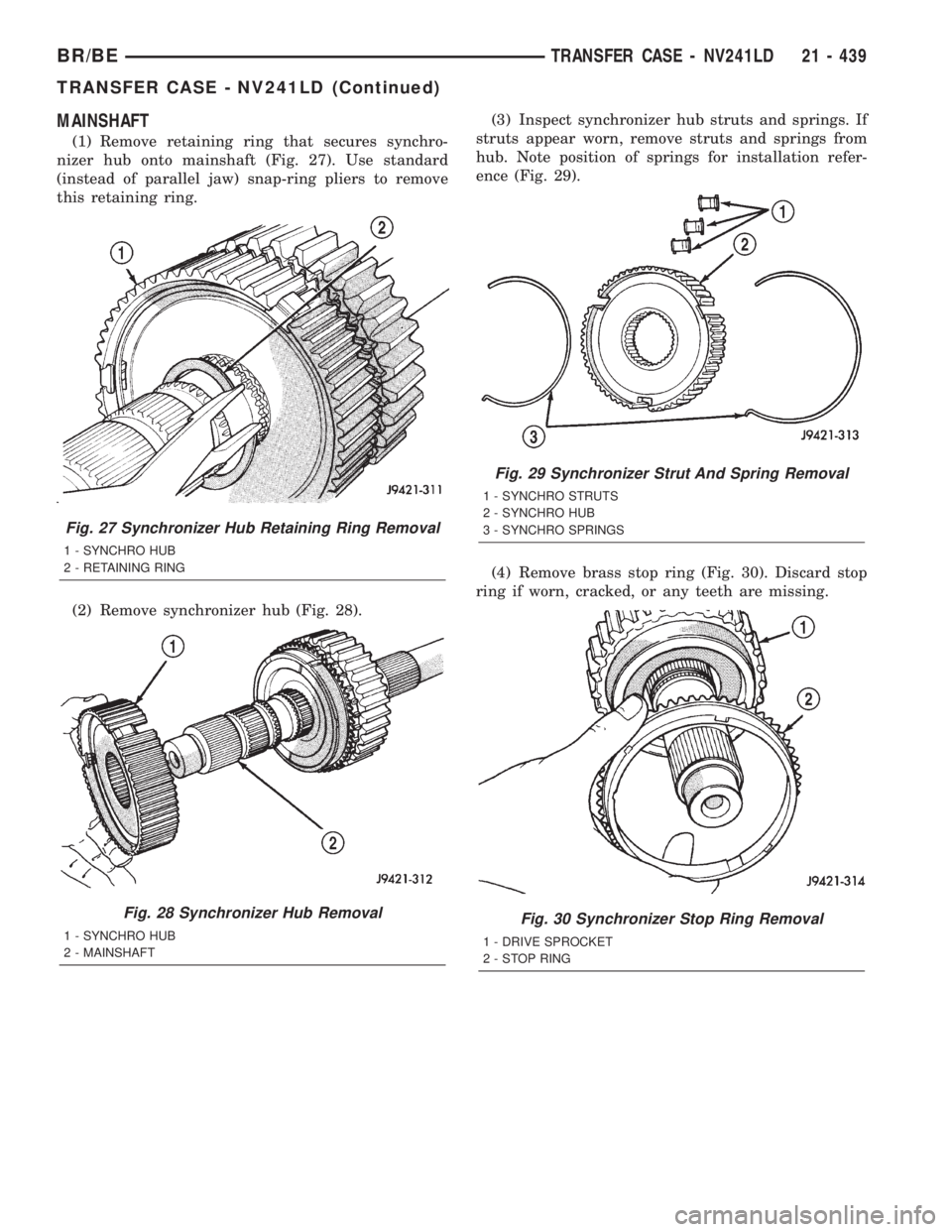 DODGE RAM 2002  Service Repair Manual MAINSHAFT
(1) Remove retaining ring that secures synchro-
nizer hub onto mainshaft (Fig. 27). Use standard
(instead of parallel jaw) snap-ring pliers to remove
this retaining ring.
(2) Remove synchron