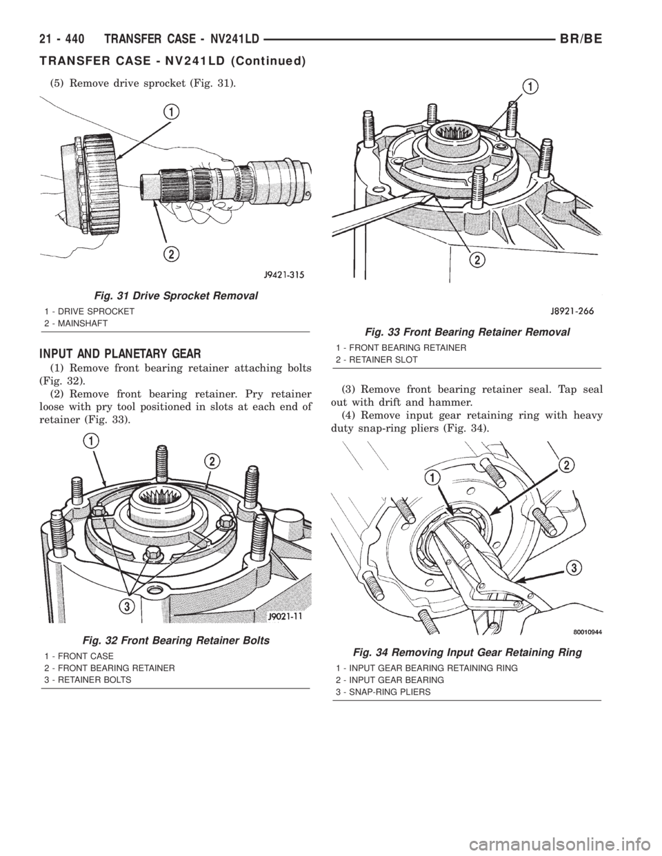 DODGE RAM 2002  Service Repair Manual (5) Remove drive sprocket (Fig. 31).
INPUT AND PLANETARY GEAR
(1) Remove front bearing retainer attaching bolts
(Fig. 32).
(2) Remove front bearing retainer. Pry retainer
loose with pry tool positione