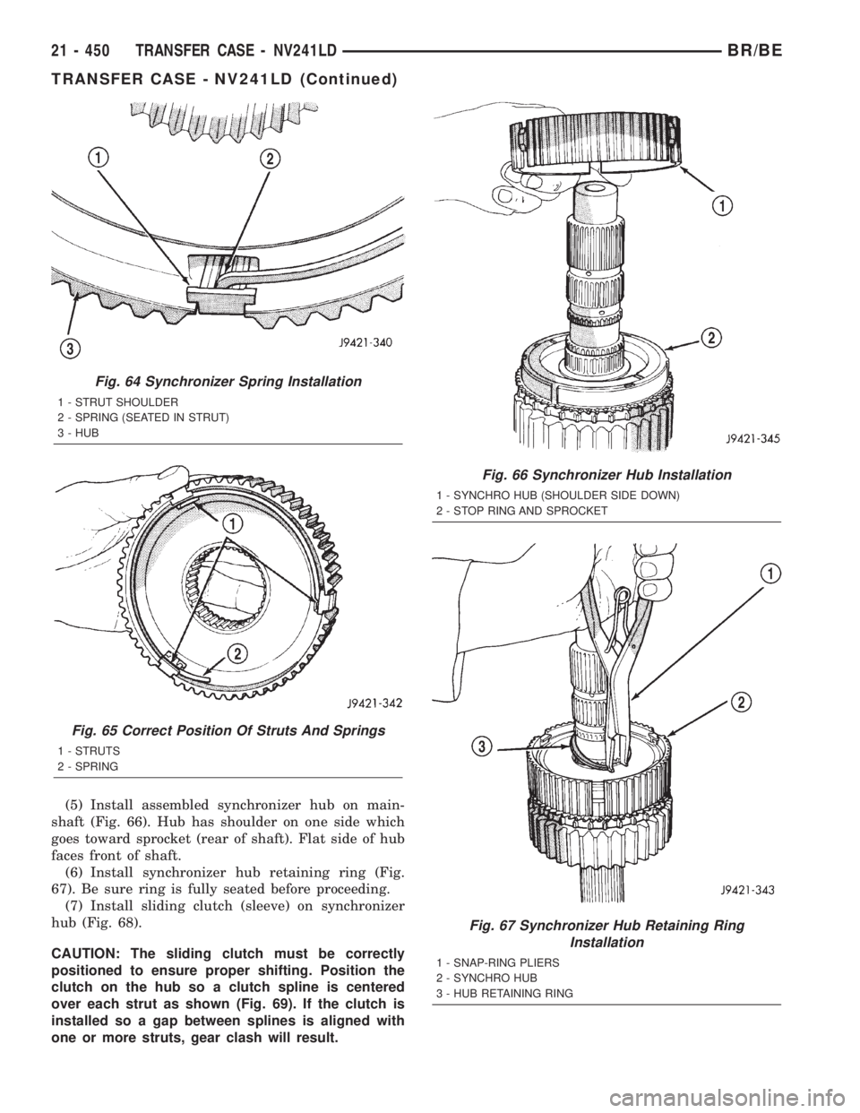 DODGE RAM 2002 Service Repair Manual (5) Install assembled synchronizer hub on main-
shaft (Fig. 66). Hub has shoulder on one side which
goes toward sprocket (rear of shaft). Flat side of hub
faces front of shaft.
(6) Install synchronize DODGE RAM 2002 Service Repair Manual (5) Install assembled synchronizer hub on main-
shaft (Fig. 66). Hub has shoulder on one side which
goes toward sprocket (rear of shaft). Flat side of hub
faces front of shaft.
(6) Install synchronize