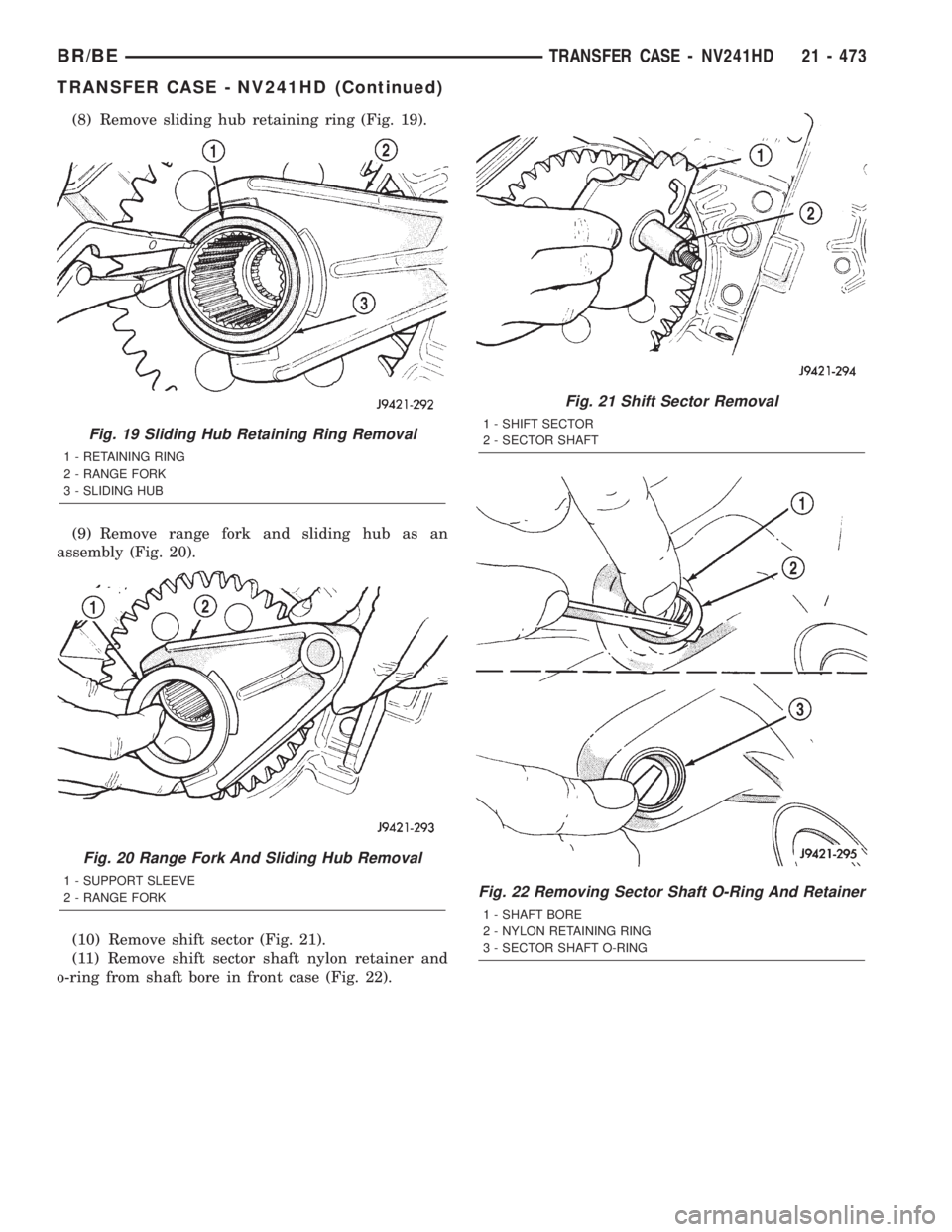 DODGE RAM 2002  Service Repair Manual (8) Remove sliding hub retaining ring (Fig. 19).
(9) Remove range fork and sliding hub as an
assembly (Fig. 20).
(10) Remove shift sector (Fig. 21).
(11) Remove shift sector shaft nylon retainer and
o