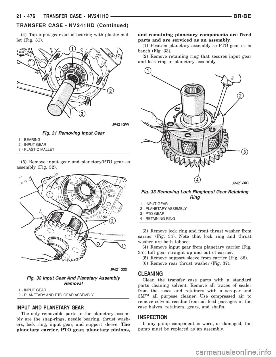 DODGE RAM 2002  Service Repair Manual (4) Tap input gear out of bearing with plastic mal-
let (Fig. 31).
(5) Remove input gear and planetary/PTO gear as
assembly (Fig. 32).
INPUT AND PLANETARY GEAR
The only removable parts in the planetar