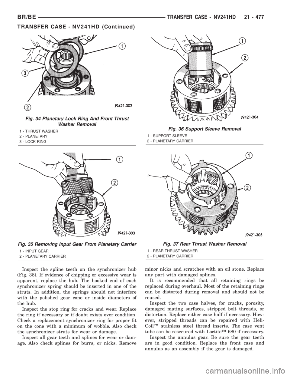 DODGE RAM 2002  Service Repair Manual Inspect the spline teeth on the synchronizer hub
(Fig. 38). If evidence of chipping or excessive wear is
apparent, replace the hub. The hooked end of each
synchronizer spring should be inserted in one