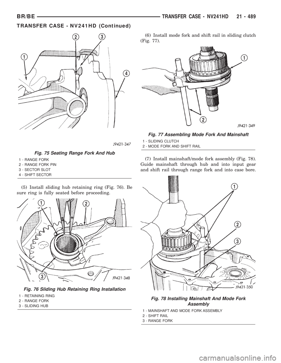 DODGE RAM 2002  Service Repair Manual (5) Install sliding hub retaining ring (Fig. 76). Be
sure ring is fully seated before proceeding.(6) Install mode fork and shift rail in sliding clutch
(Fig. 77).
(7) Install mainshaft/mode fork assem