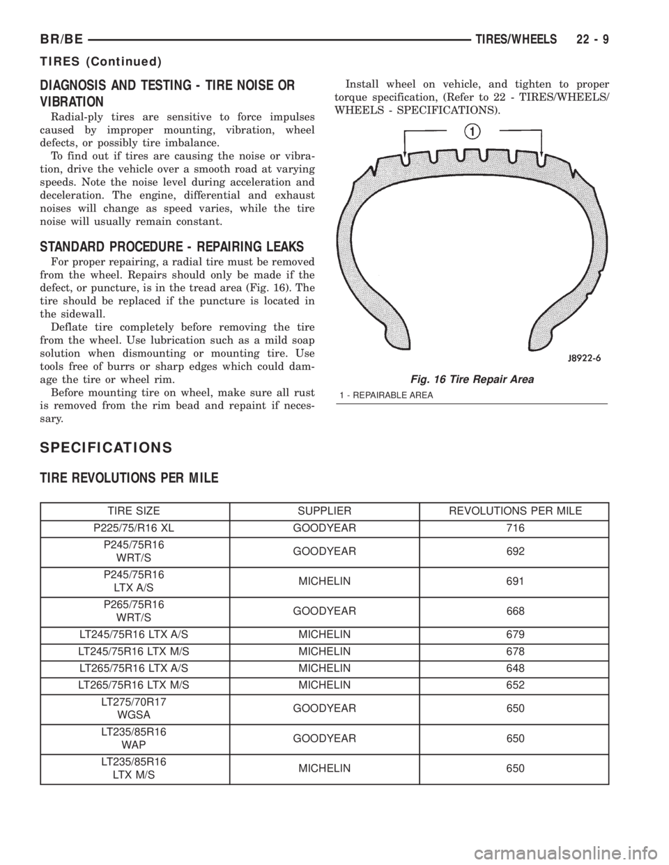 DODGE RAM 2002 Service Repair Manual DIAGNOSIS AND TESTING - TIRE NOISE OR
VIBRATION
Radial-ply tires are sensitive to force impulses
caused by improper mounting, vibration, wheel
defects, or possibly tire imbalance.
To find out if tires DODGE RAM 2002 Service Repair Manual DIAGNOSIS AND TESTING - TIRE NOISE OR
VIBRATION
Radial-ply tires are sensitive to force impulses
caused by improper mounting, vibration, wheel
defects, or possibly tire imbalance.
To find out if tires
