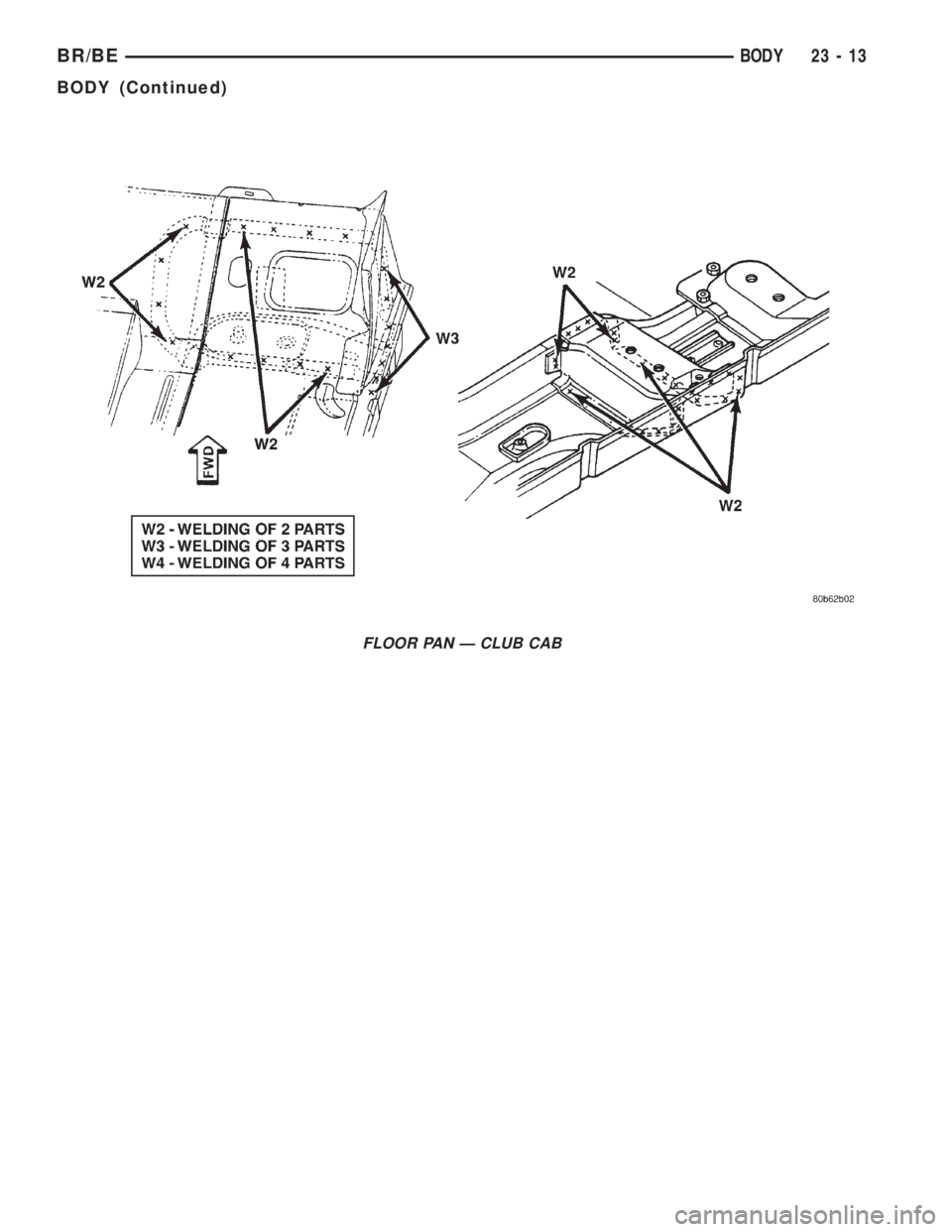 DODGE RAM 2002  Service Repair Manual FLOOR PAN Ð CLUB CAB
BR/BEBODY 23 - 13
BODY (Continued) 