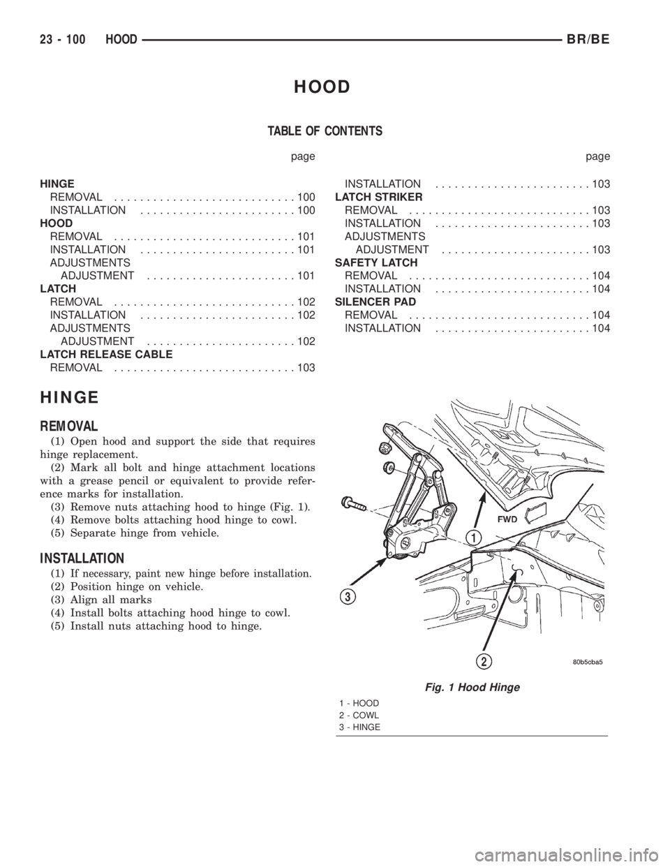 DODGE RAM 2002 Service Repair Manual HOOD
TABLE OF CONTENTS
page page
HINGE
REMOVAL............................100
INSTALLATION........................100
HOOD
REMOVAL............................101
INSTALLATION........................10 DODGE RAM 2002 Service Repair Manual HOOD
TABLE OF CONTENTS
page page
HINGE
REMOVAL............................100
INSTALLATION........................100
HOOD
REMOVAL............................101
INSTALLATION........................10