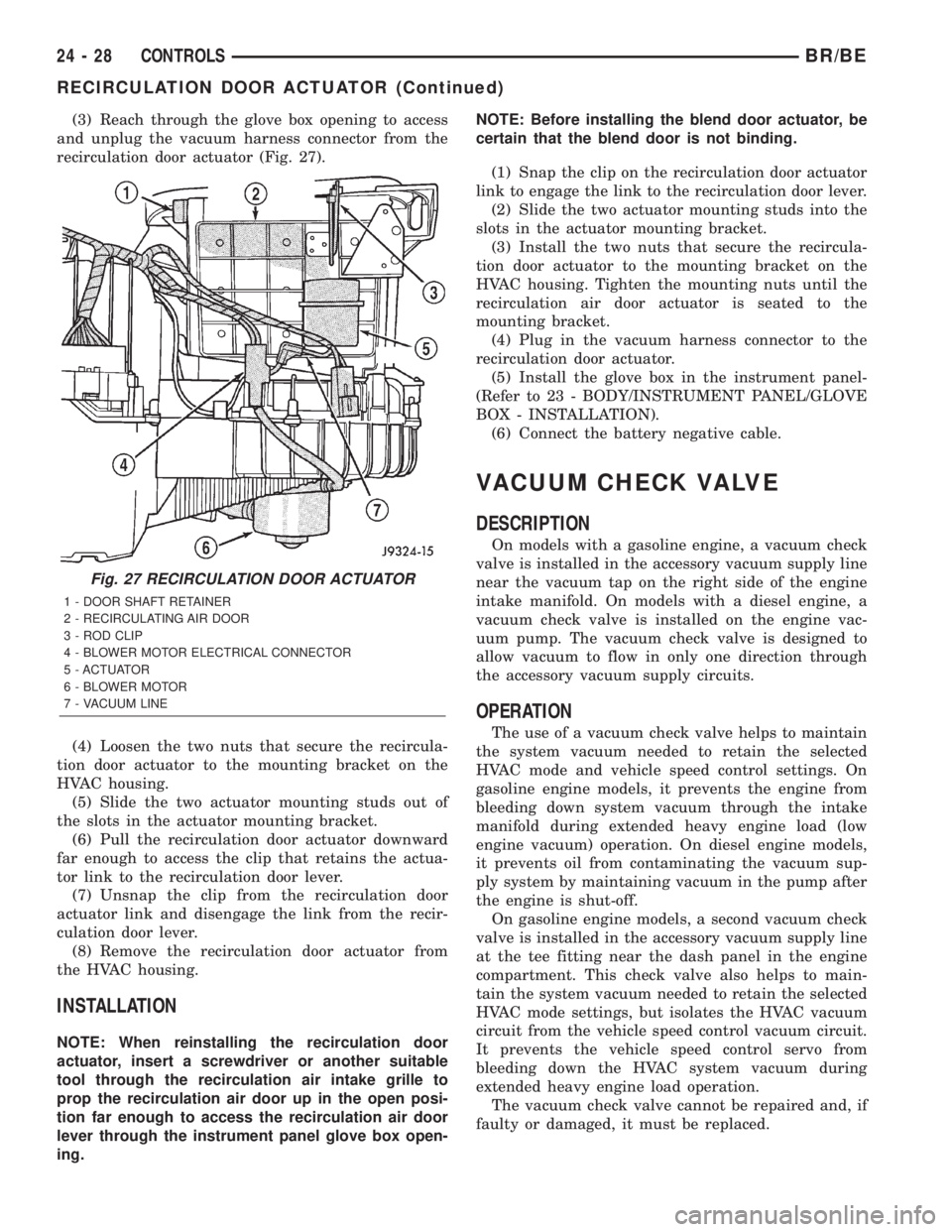 DODGE RAM 2002 Service Repair Manual (3) Reach through the glove box opening to access
and unplug the vacuum harness connector from the
recirculation door actuator (Fig. 27).
(4) Loosen the two nuts that secure the recircula-
tion door a DODGE RAM 2002 Service Repair Manual (3) Reach through the glove box opening to access
and unplug the vacuum harness connector from the
recirculation door actuator (Fig. 27).
(4) Loosen the two nuts that secure the recircula-
tion door a