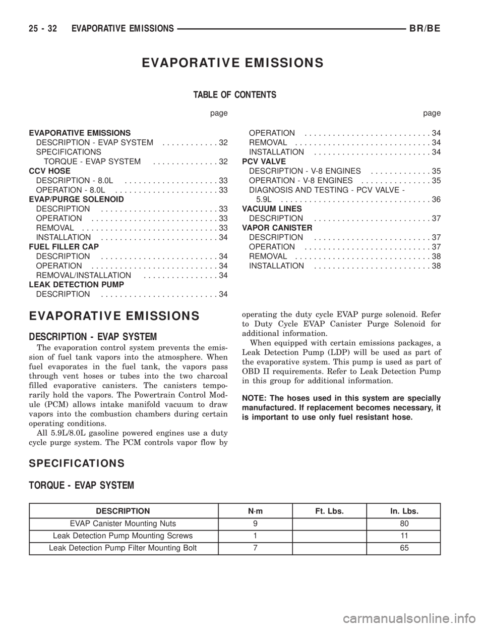 DODGE RAM 2002 Service Repair Manual EVAPORATIVE EMISSIONS
TABLE OF CONTENTS
page page
EVAPORATIVE EMISSIONS
DESCRIPTION - EVAP SYSTEM............32
SPECIFICATIONS
TORQUE - EVAP SYSTEM..............32
CCV HOSE
DESCRIPTION - 8.0L......... DODGE RAM 2002 Service Repair Manual EVAPORATIVE EMISSIONS
TABLE OF CONTENTS
page page
EVAPORATIVE EMISSIONS
DESCRIPTION - EVAP SYSTEM............32
SPECIFICATIONS
TORQUE - EVAP SYSTEM..............32
CCV HOSE
DESCRIPTION - 8.0L.........