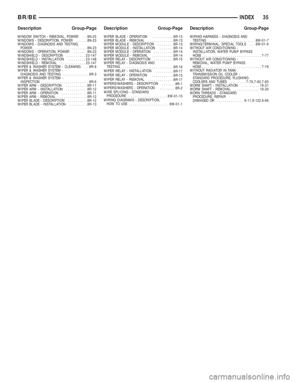 DODGE RAM 2002 Service Repair Manual WINDOW SWITCH - REMOVAL, POWER . . 8N-25
WINDOWS - DESCRIPTION, POWER.....8N-23
WINDOWS - DIAGNOSIS AND TESTING,
POWER............................8N-23
WINDOWS - OPERATION, POWER.......8N-23
WINDSHIEL DODGE RAM 2002 Service Repair Manual WINDOW SWITCH - REMOVAL, POWER . . 8N-25
WINDOWS - DESCRIPTION, POWER.....8N-23
WINDOWS - DIAGNOSIS AND TESTING,
POWER............................8N-23
WINDOWS - OPERATION, POWER.......8N-23
WINDSHIEL