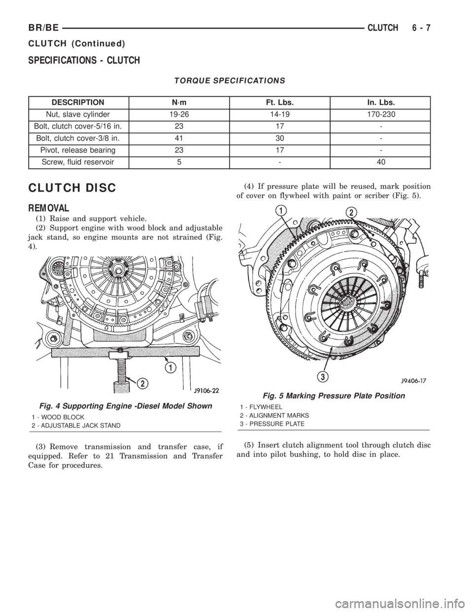 DODGE RAM 2002  Service Repair Manual SPECIFICATIONS - CLUTCH
TORQUE SPECIFICATIONS
DESCRIPTION N´m Ft. Lbs. In. Lbs.
Nut, slave cylinder 19-26 14-19 170-230
Bolt, clutch cover-5/16 in. 23 17 -
Bolt, clutch cover-3/8 in. 41 30 -
Pivot, r