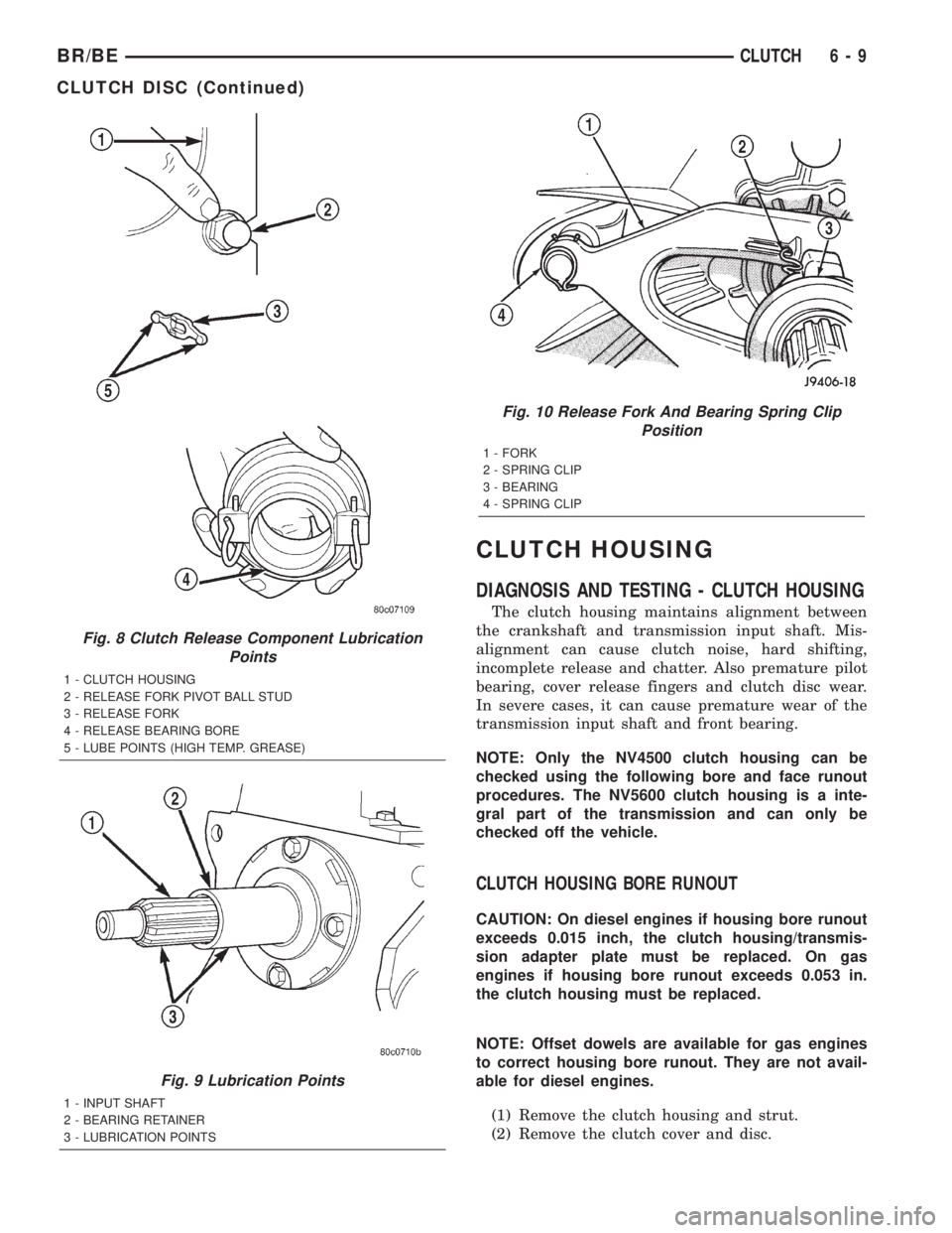 DODGE RAM 2002  Service Repair Manual CLUTCH HOUSING
DIAGNOSIS AND TESTING - CLUTCH HOUSING
The clutch housing maintains alignment between
the crankshaft and transmission input shaft. Mis-
alignment can cause clutch noise, hard shifting,
