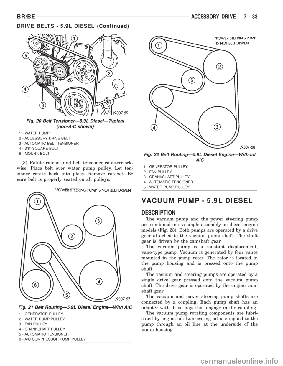 DODGE RAM 2002 Service Repair Manual (3) Rotate ratchet and belt tensioner counterclock-
wise. Place belt over water pump pulley. Let ten-
sioner rotate back into place. Remove ratchet. Be
sure belt is properly seated on all pulleys.
VAC DODGE RAM 2002 Service Repair Manual (3) Rotate ratchet and belt tensioner counterclock-
wise. Place belt over water pump pulley. Let ten-
sioner rotate back into place. Remove ratchet. Be
sure belt is properly seated on all pulleys.
VAC