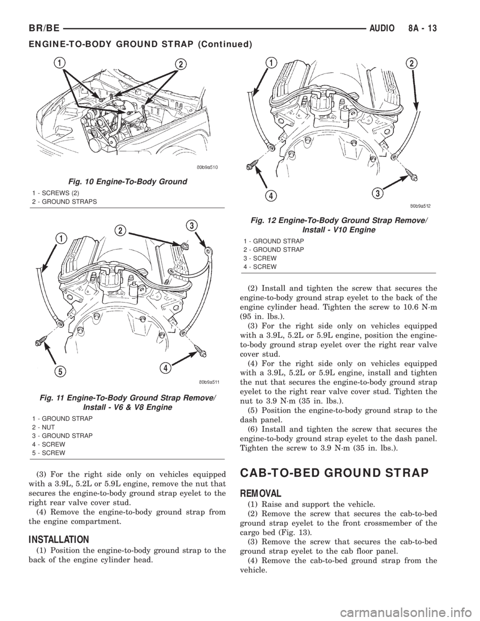 DODGE RAM 2002  Service Repair Manual (3) For the right side only on vehicles equipped
with a 3.9L, 5.2L or 5.9L engine, remove the nut that
secures the engine-to-body ground strap eyelet to the
right rear valve cover stud.
(4) Remove the