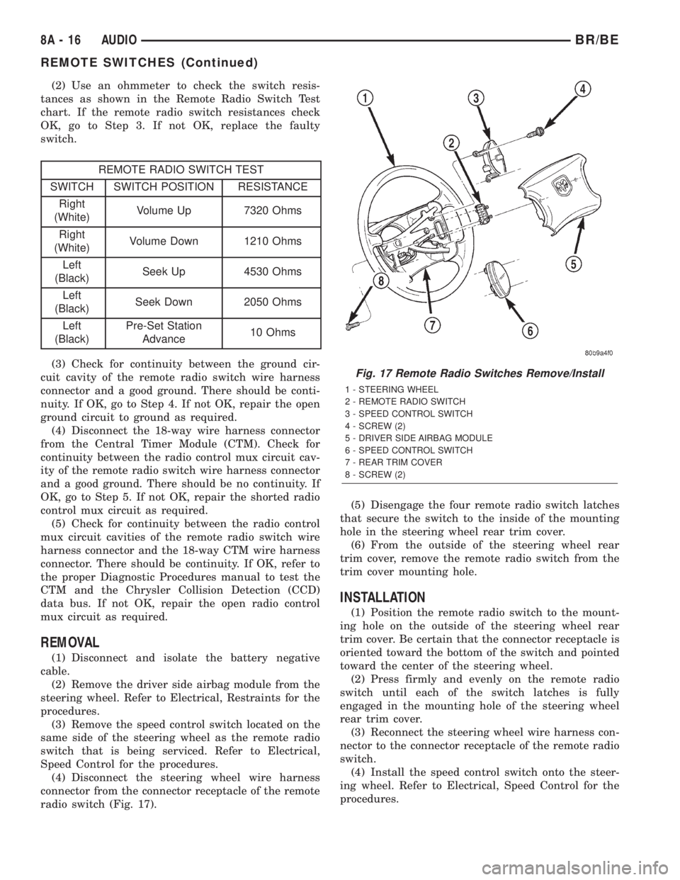 DODGE RAM 2002  Service Repair Manual (2) Use an ohmmeter to check the switch resis-
tances as shown in the Remote Radio Switch Test
chart. If the remote radio switch resistances check
OK, go to Step 3. If not OK, replace the faulty
switc